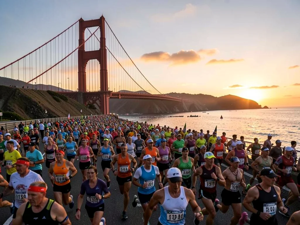 Marathon runners crossing Golden Gate at dawn, human river spanning the engineer