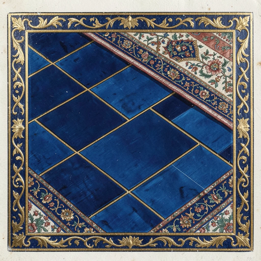 Close-up of a tiled geometric floor pattern in deep blue and gold