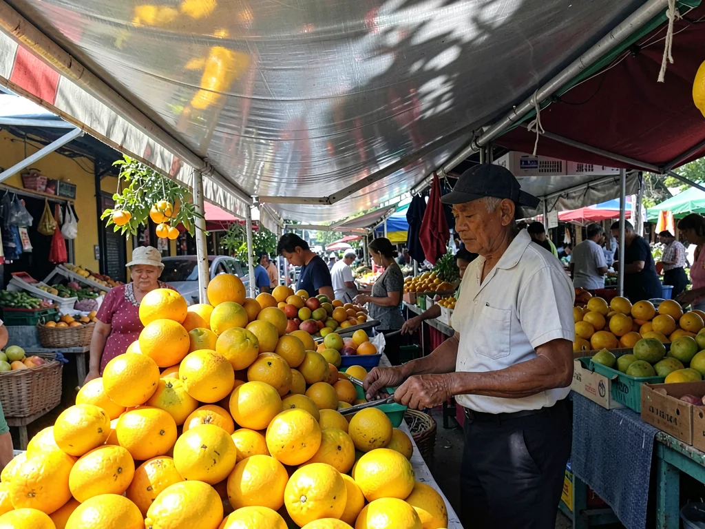 Fruit vendor in sliver of awning shade, pyramids of citrus blazing in full sun