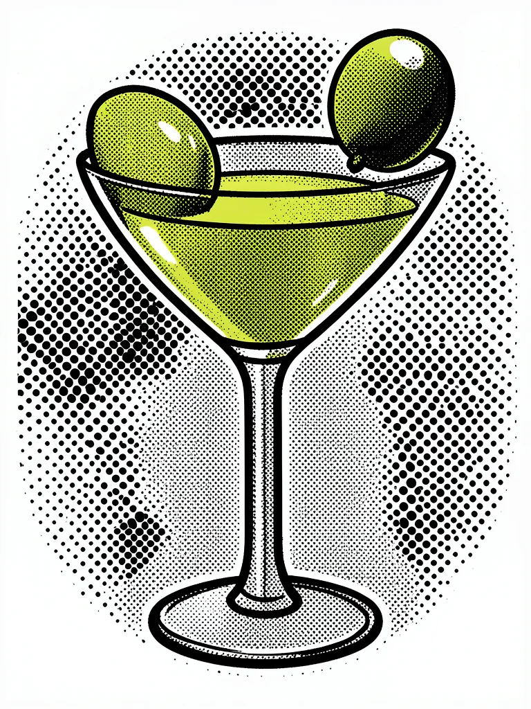 Cocktail glass with an olive, flat yellow-green liquid, oversized halftone bubbl