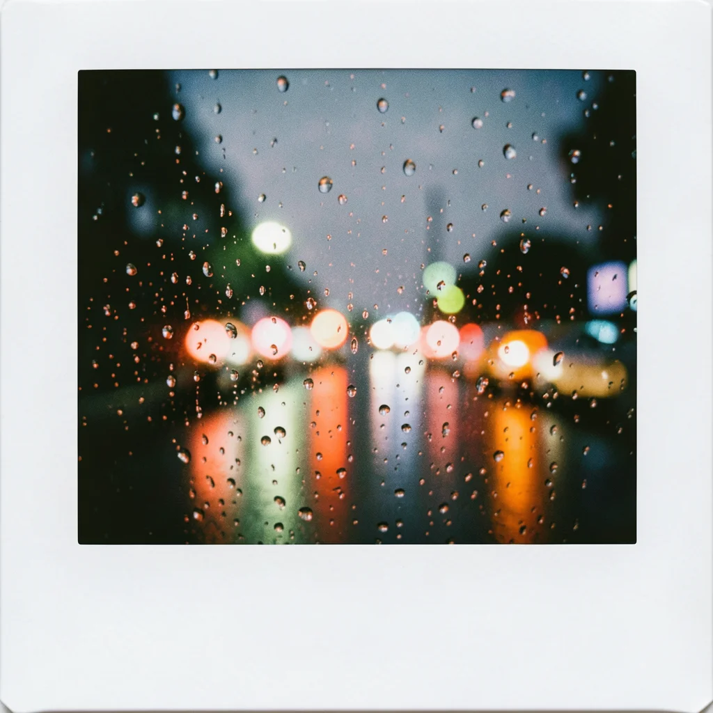 Rain drops on a car windshield, blurred traffic lights beyond creating colored c