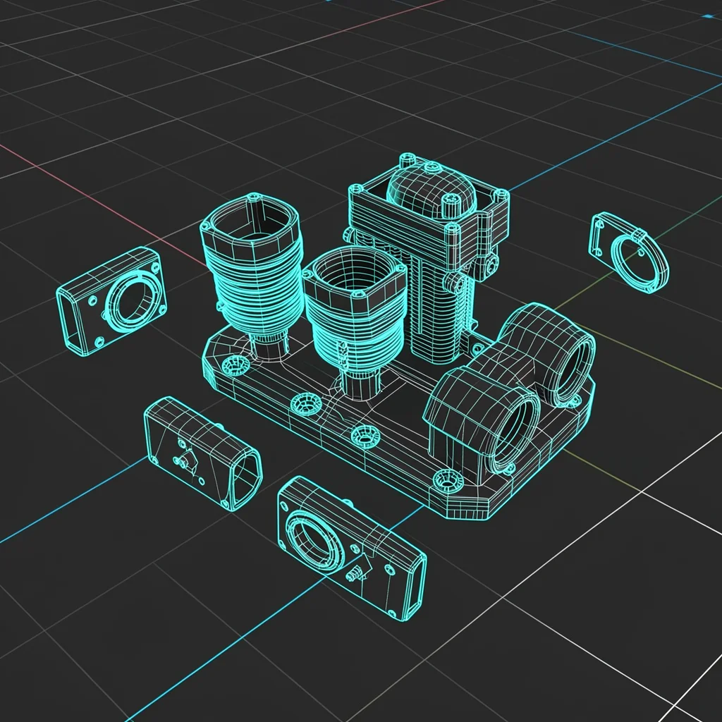 A motorbike engine block exploded into floating part-meshes, each component's ed