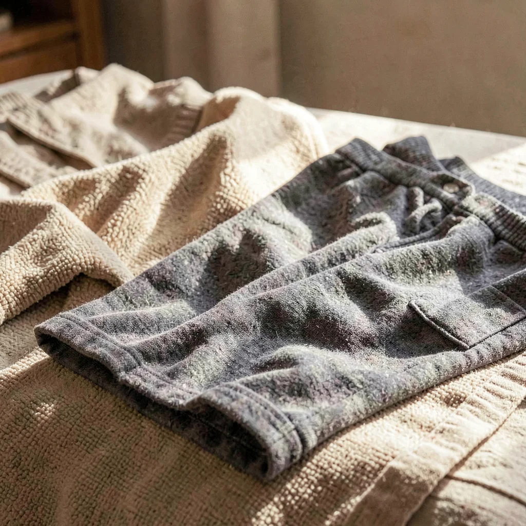 Warm-toned garment portrait of long pajama pants in heather slate flannel, drape