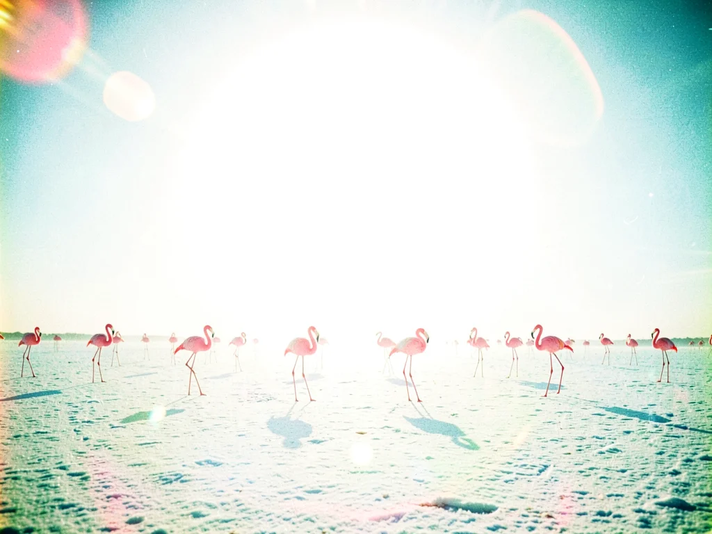 Endless white salt plain dotted with pink flamingo statues facing an enormous ov