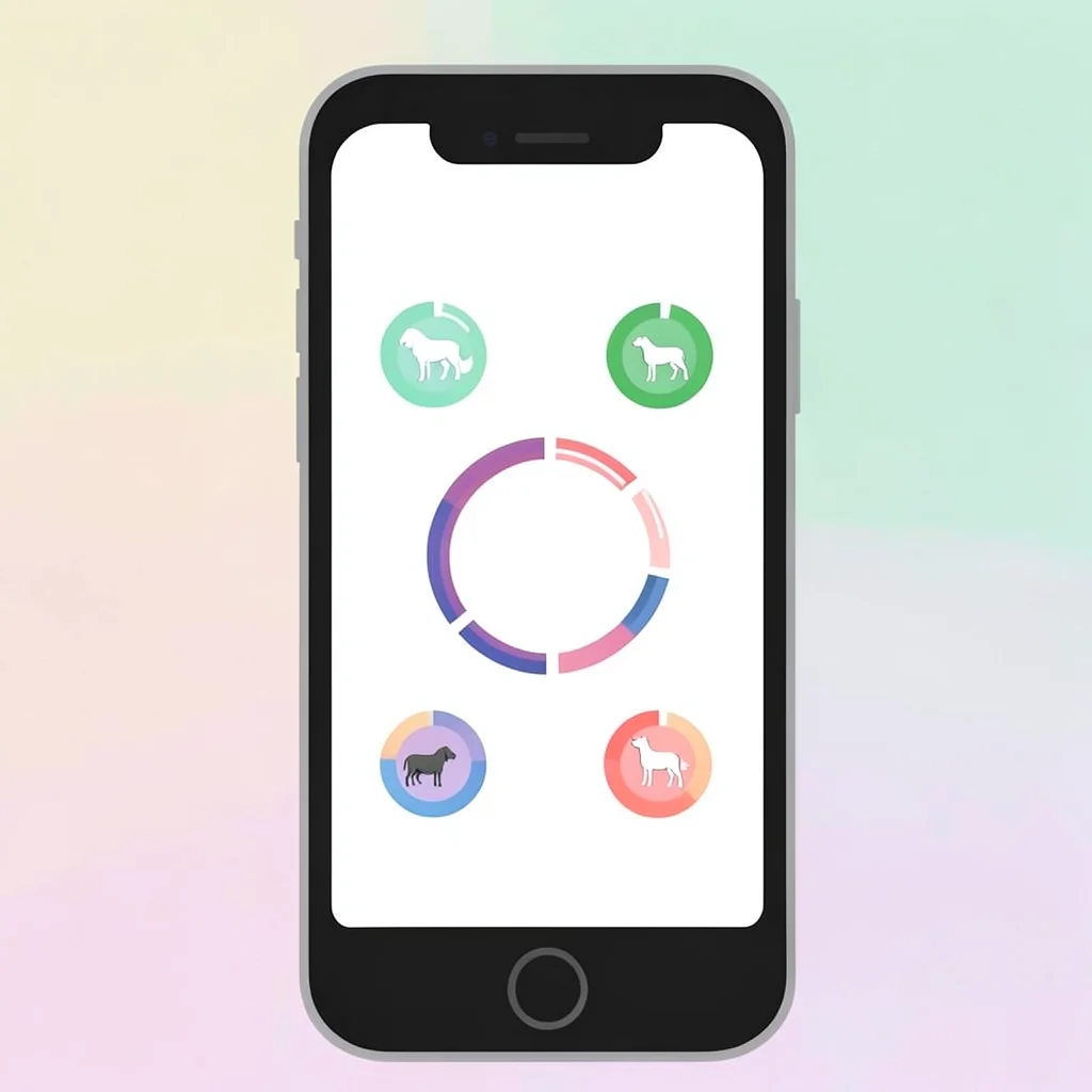 Flat-vector scene of a smartphone showing breed-percentage rings (icons only, no