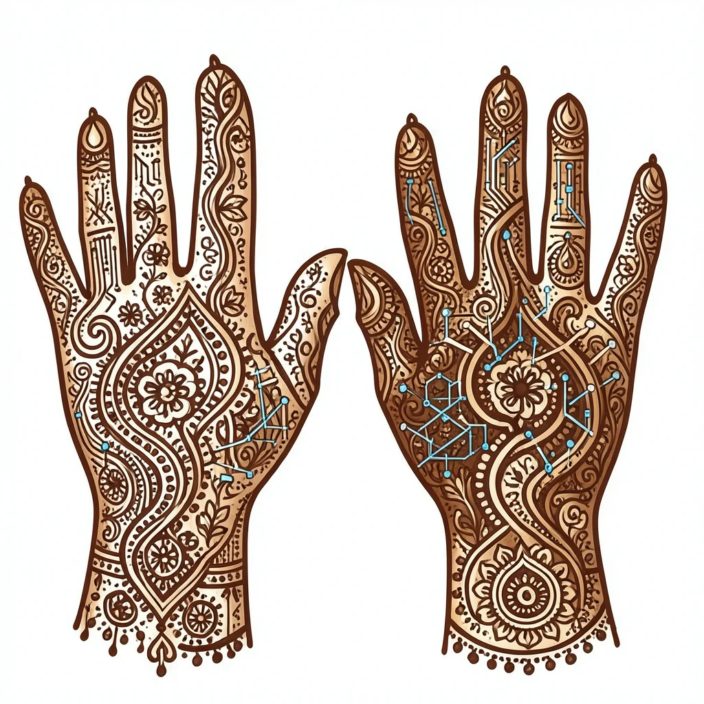 Mehndi hand patterns but circuits and data visualizations instead of traditional