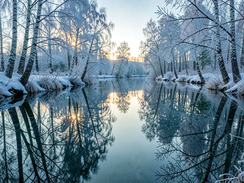 Finnish lake mirror, dead-calm reflection, birch branches heavy with frost, back