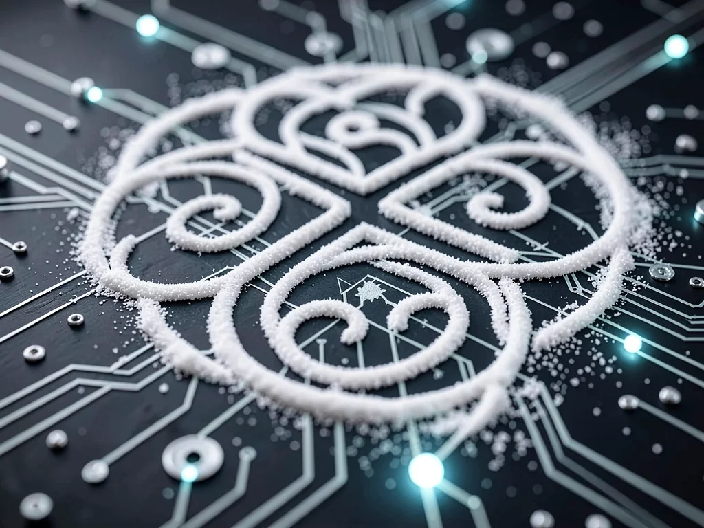 Circuit board extreme closeup where traces follow traditional Tamil kolam curves