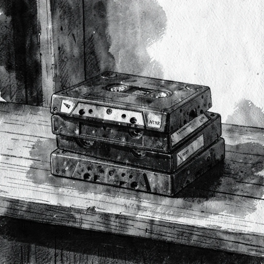 Charcoal editorial study of a stack of cassette tapes on a wooden counter, smudg