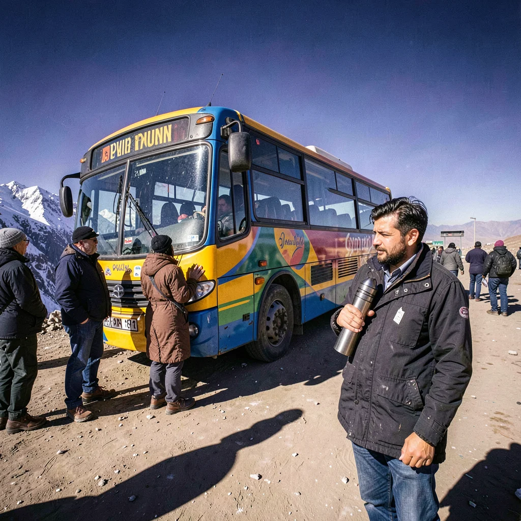 High altitude photograph, thin mountain air, A bus painted in bright colors wait