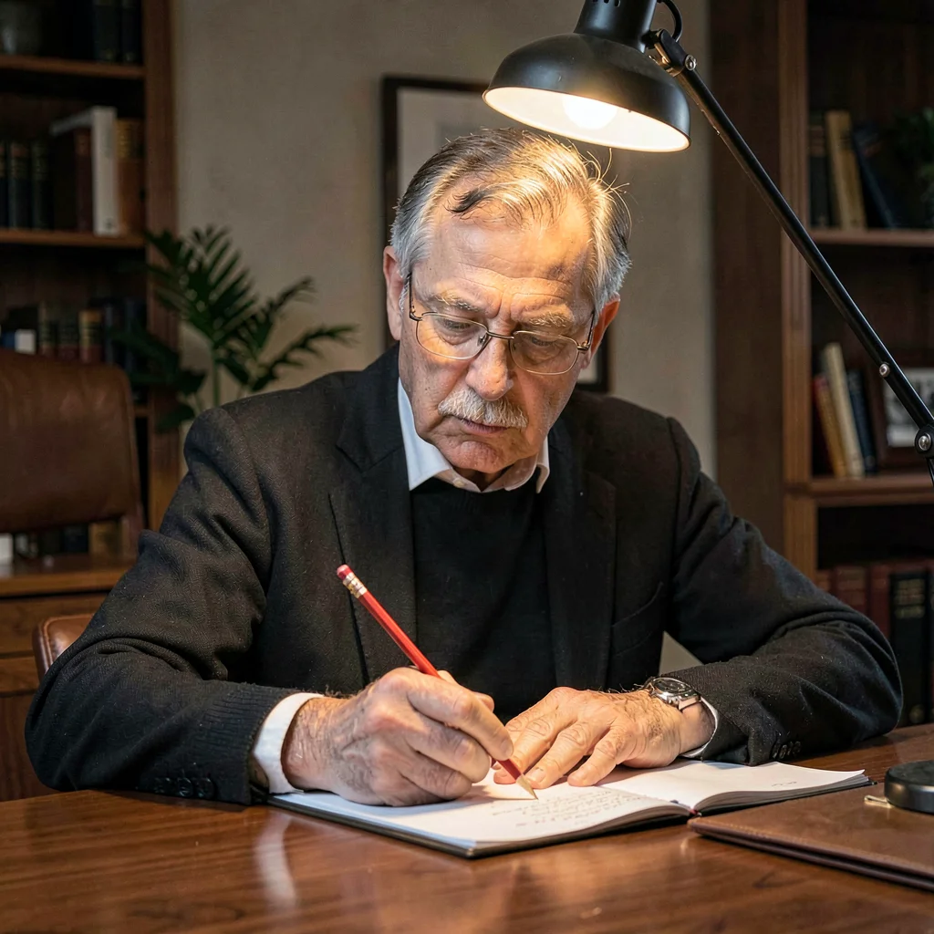 Studio portrait of an editor sharpening a red pencil over a desk, lamp glow abov