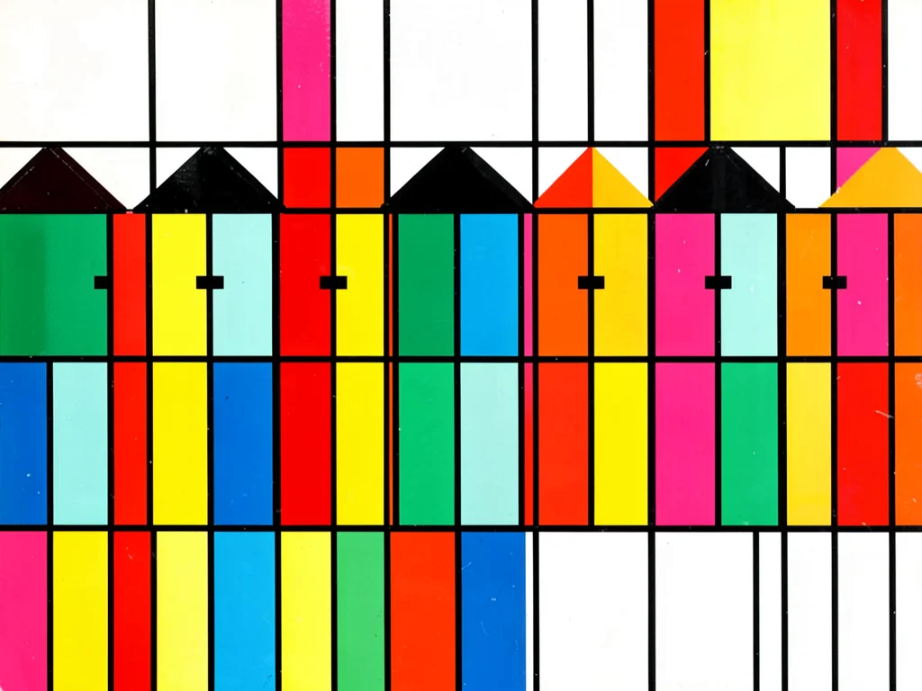 Row of painted beach huts reduced to a grid of primary color vertical bars