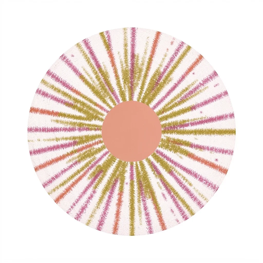 abstract halftone-banded firework-burst from a central solid disc in salmon, mus