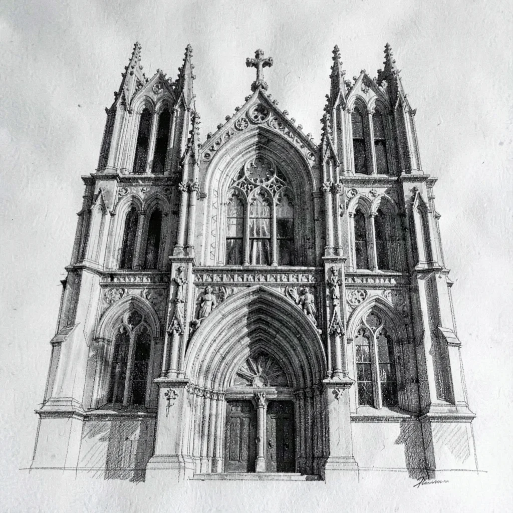 Charcoal sketch of a cathedral facade with gargoyle detail and velvet darks
