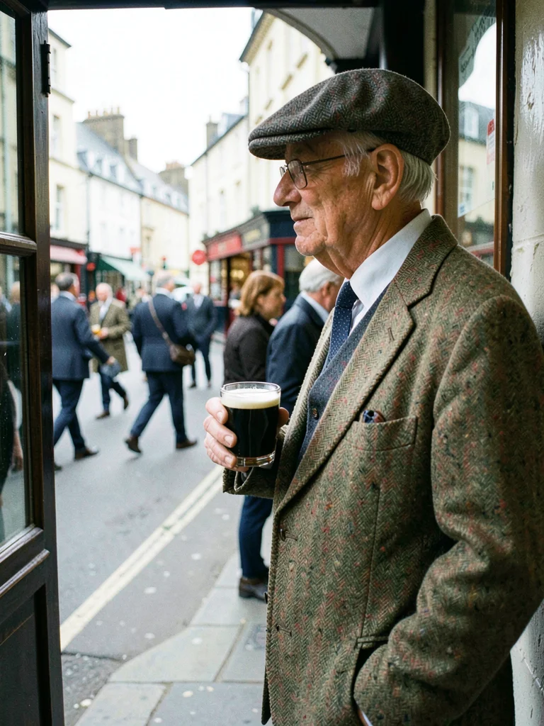 Elderly man in a flat cap and tweed jacket watching from a pub doorway, pint of 