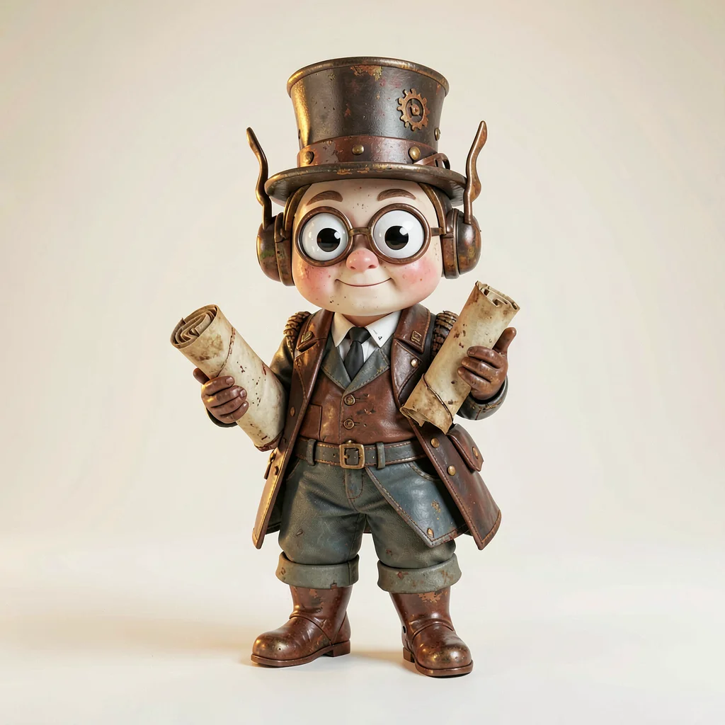 Whimsical character illustration of a wide-eyed cartographer with rolled scrolls