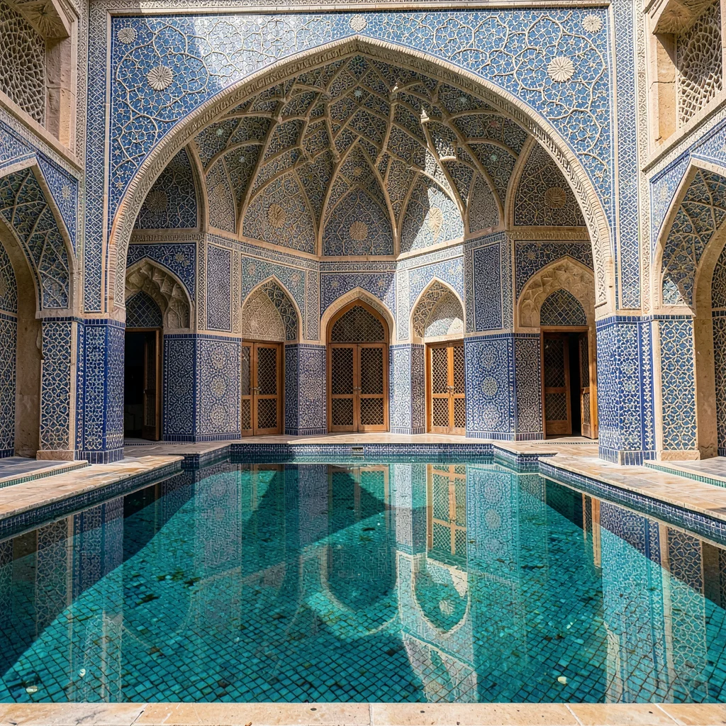 Isfahan Safavid tilework, turquoise geometric infinity, Courtyard pool reflectin