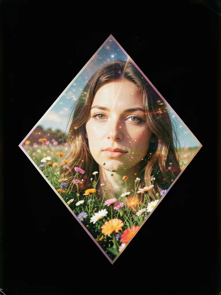 Double exposure of mother's face with flower garden, geometric frame