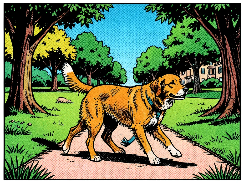 Dog walking in park rendered in Roy Lichtenstein comic style, bold outlines, ben