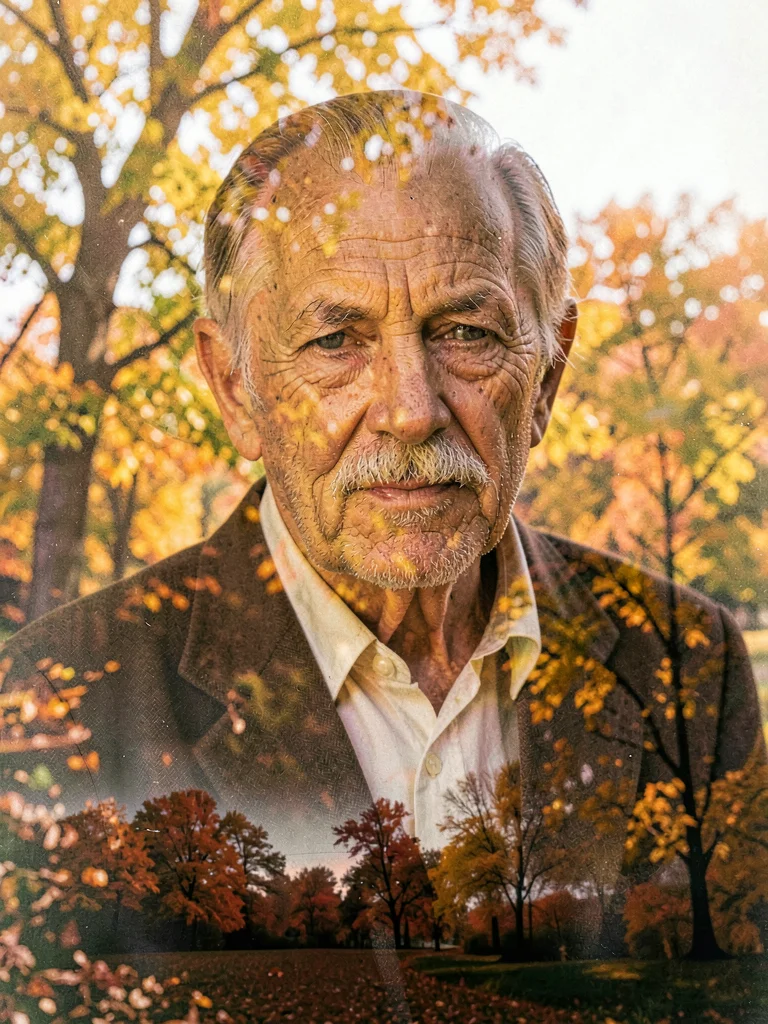 Grandfather's portrait through autumn leaves, memory fading like seasons, gold a