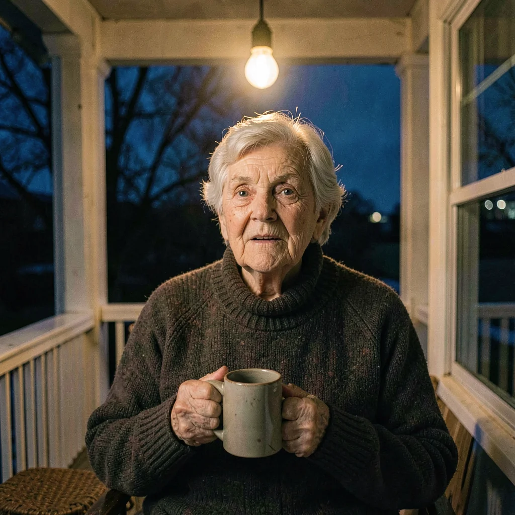 Warm lamp-line portrait of an older resident on a front porch holding a mug, sin