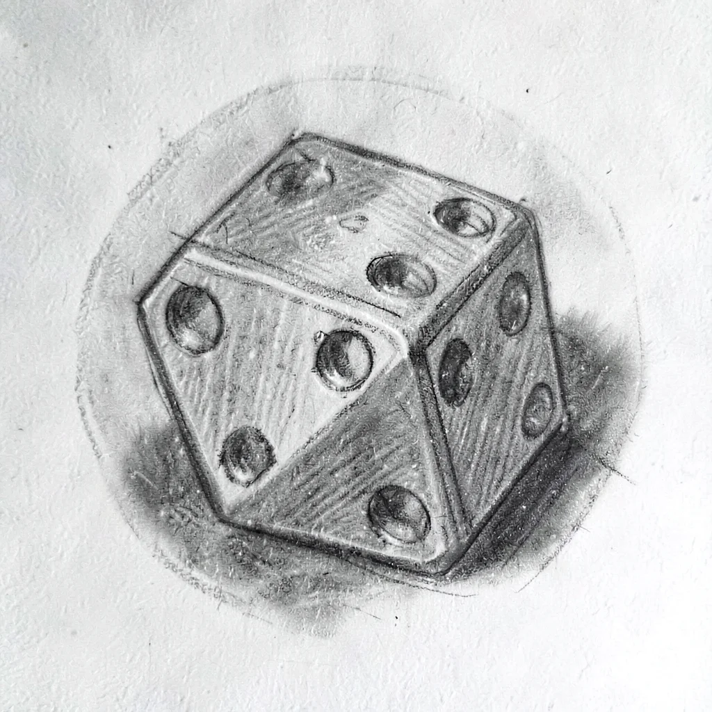 Charcoal study of a single twenty-sided die at a three-quarter angle, soft tonal