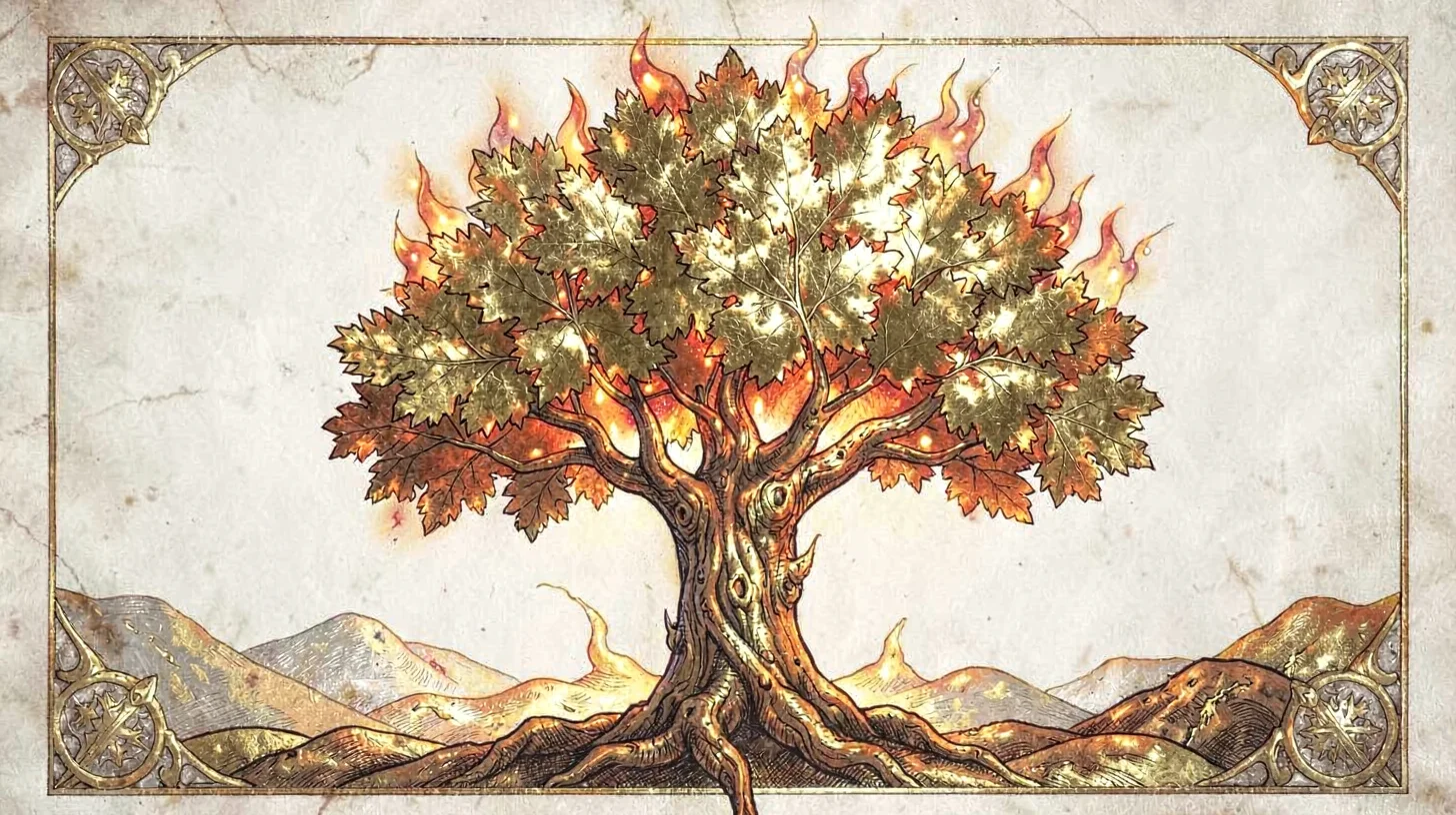 Gold leaf illuminated illustration, burning bush , burnished gold leaf areas, il