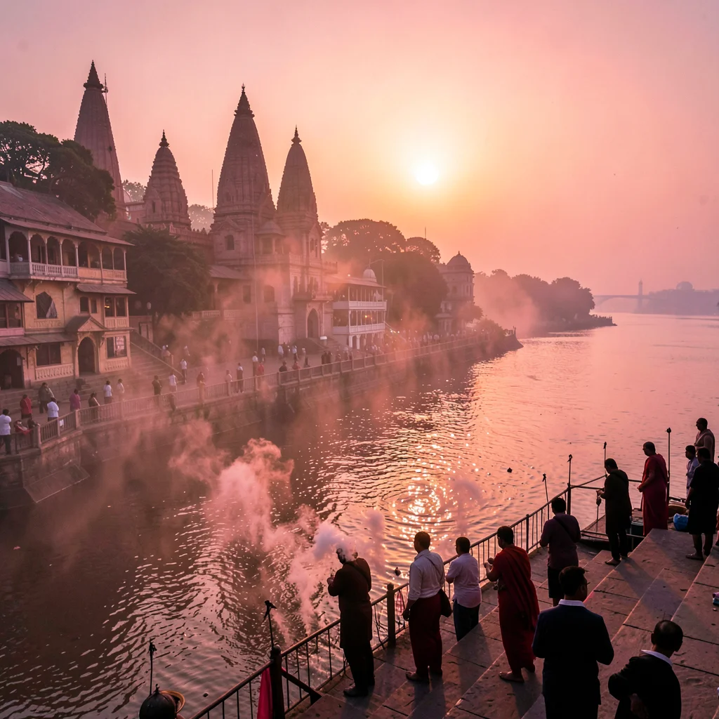 Varanasi ghat dawn, Ganges pink-gold light, temple bells through smoke haze, ora