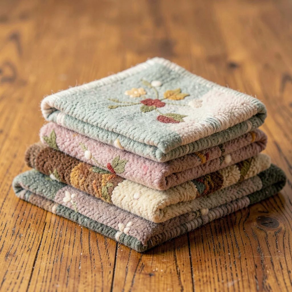 Cassia-warmstack stacked product of three folded small rugs in muted tones on wa
