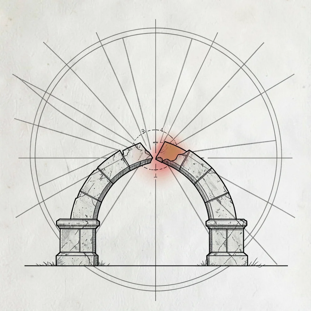 Blueprint problem-frame illustration of a fractured load-bearing arch with stres