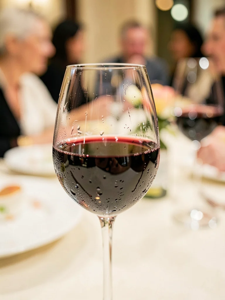 Wine glass rim with condensation, dinner party beyond