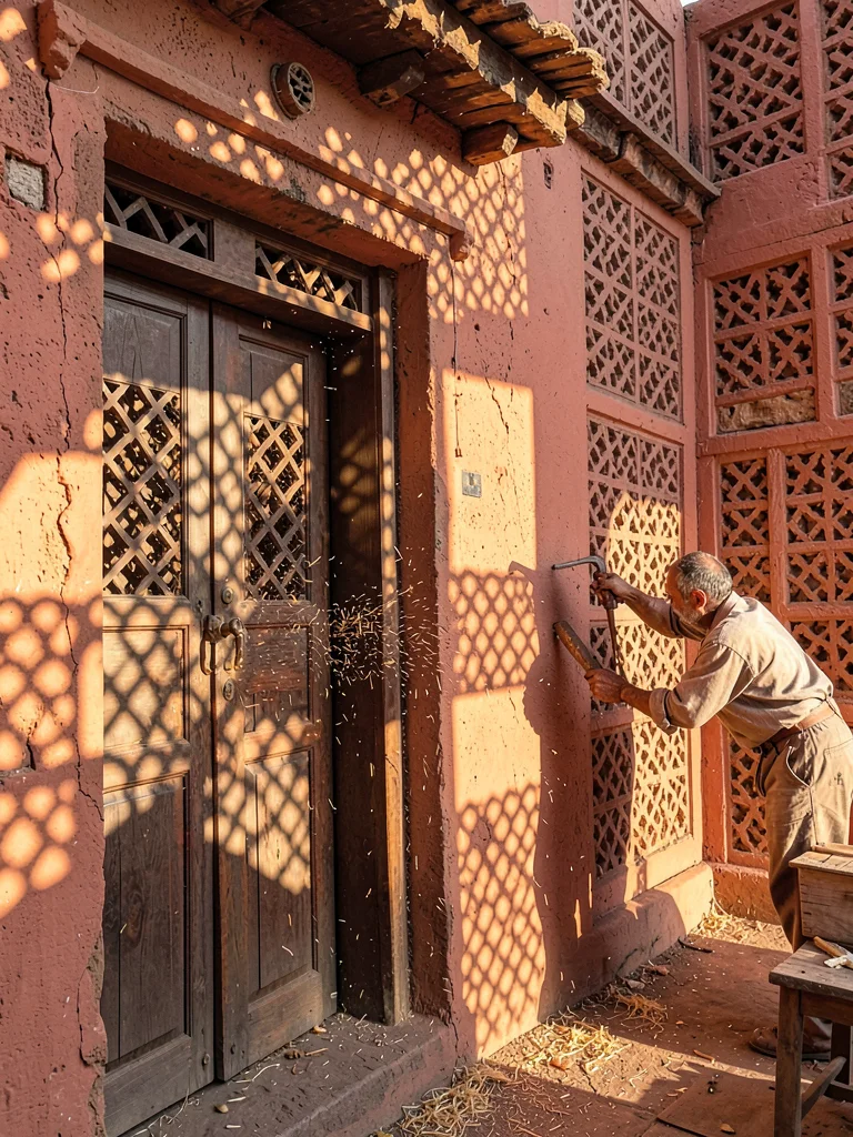 Afternoon sun through mashrabiya lattice in Lamu, Kenya, Carpenter carving door,