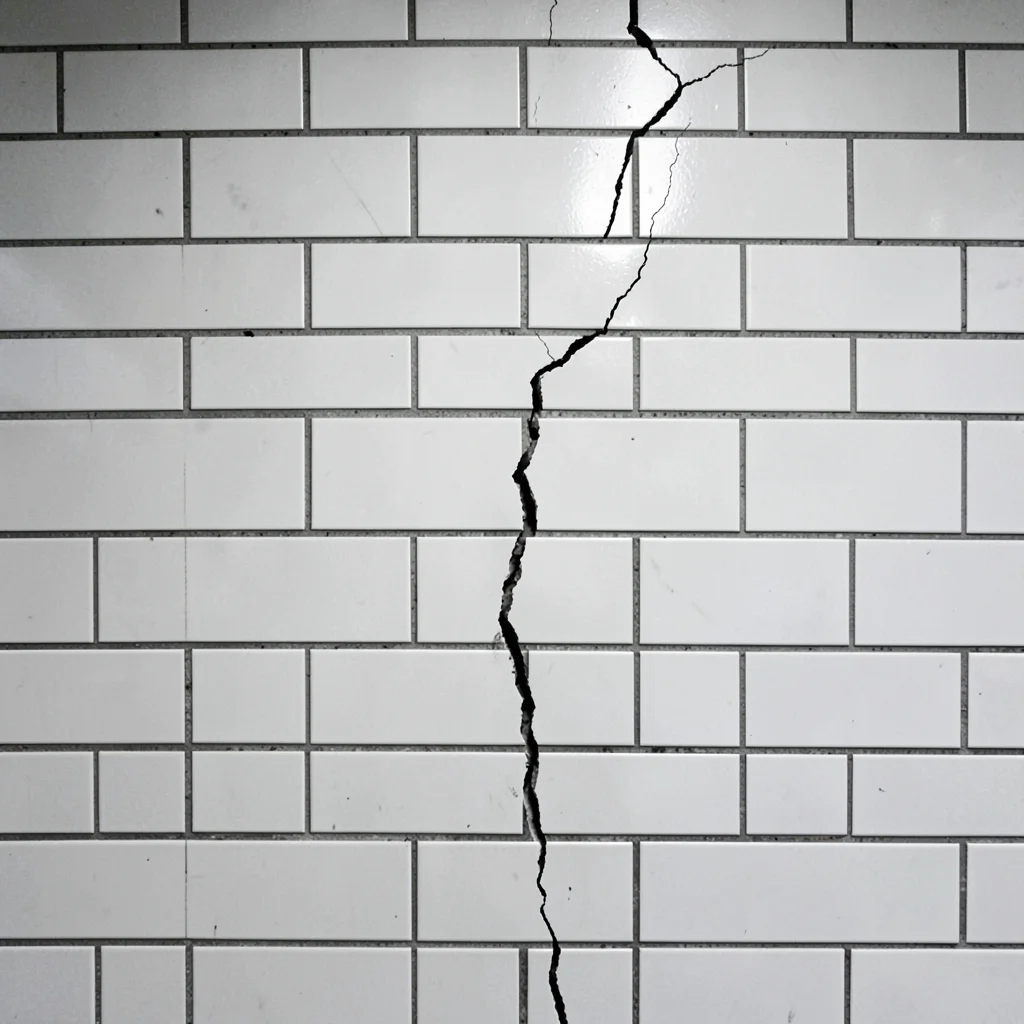Subway tile wall with single crack breaking the pattern, perfection ruined