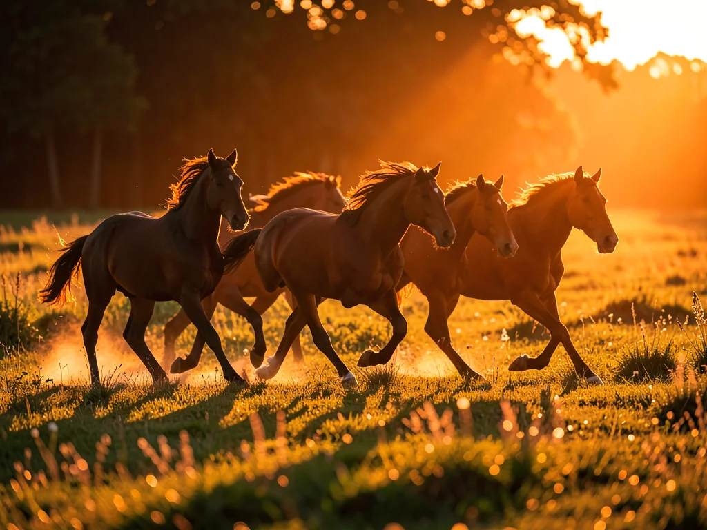 Horses running through meadow