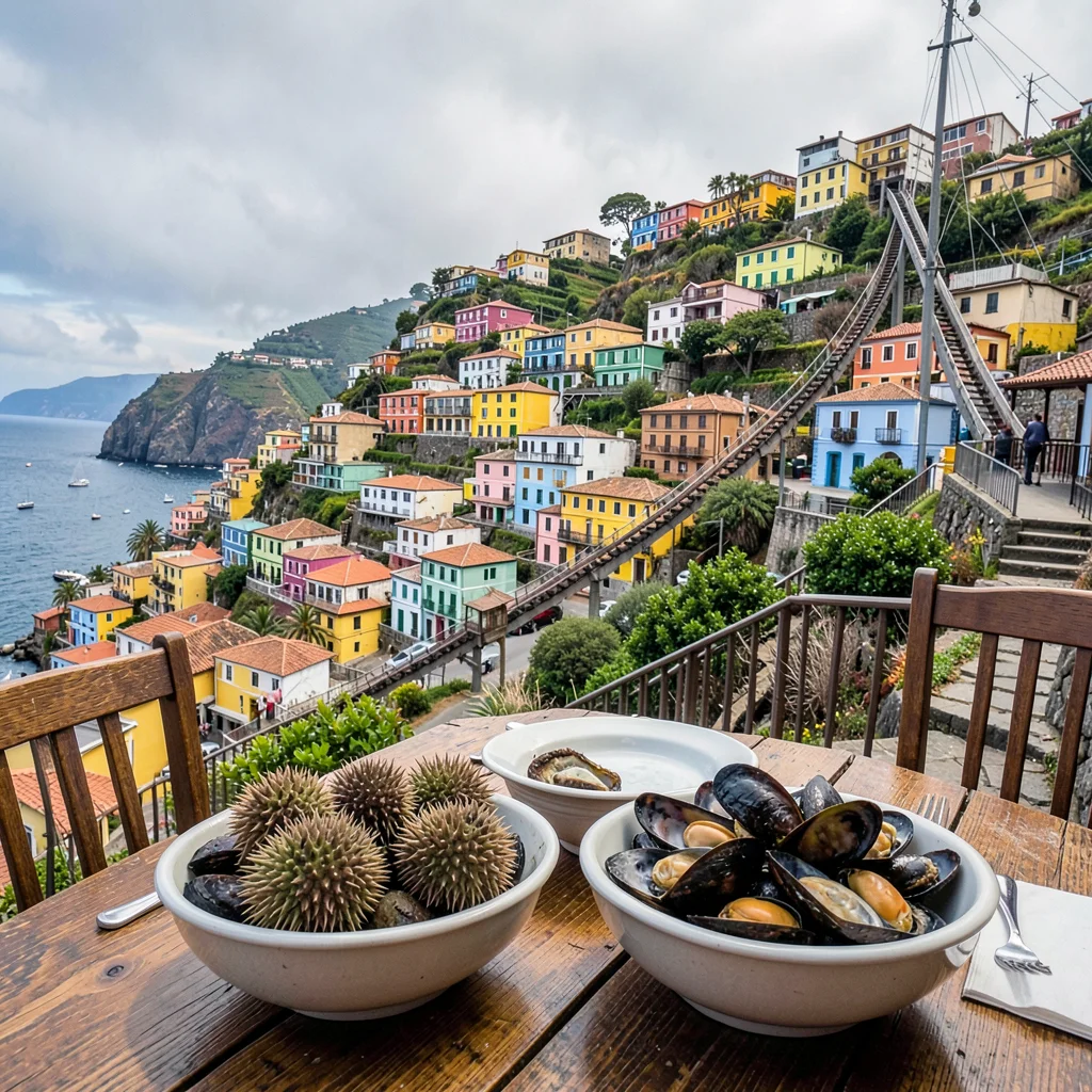Valparaiso hillside color, painted houses climbing, Bowls of fresh sea urchin an