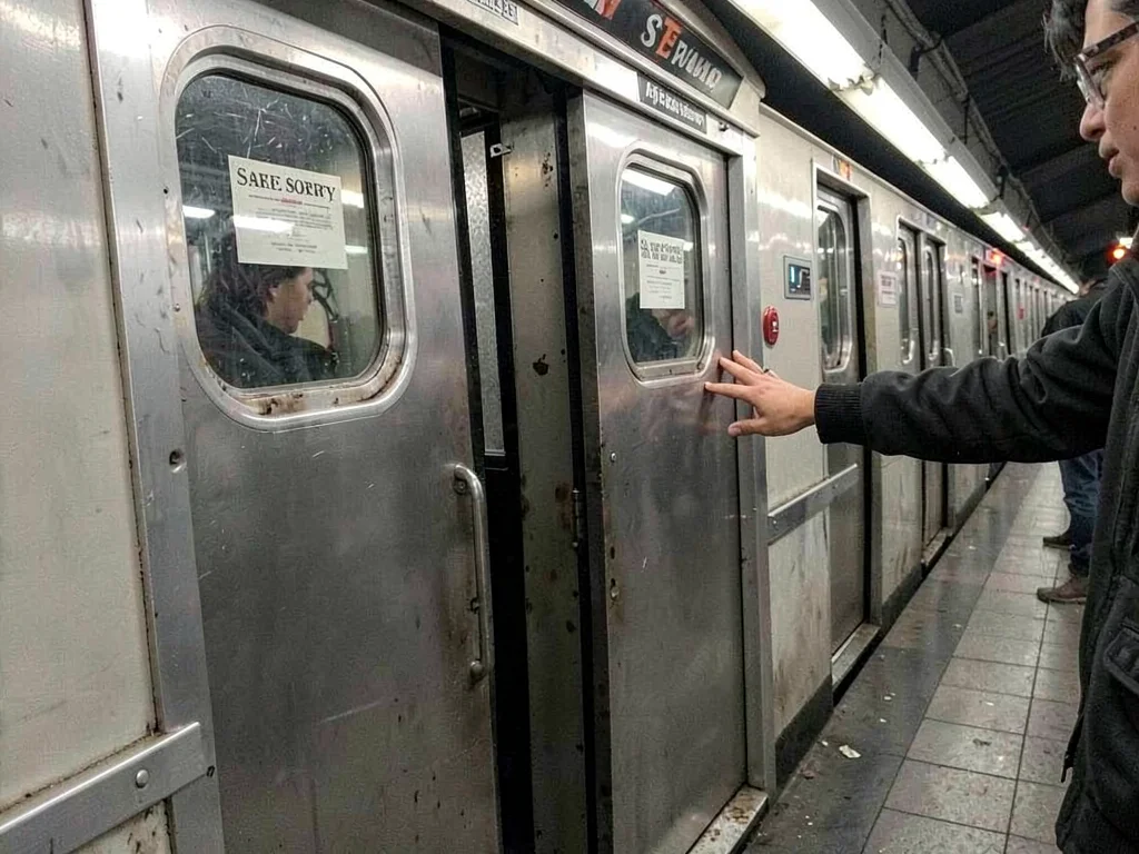 Subway doors closing, someone's hand reaching in too late, the gap between safe 