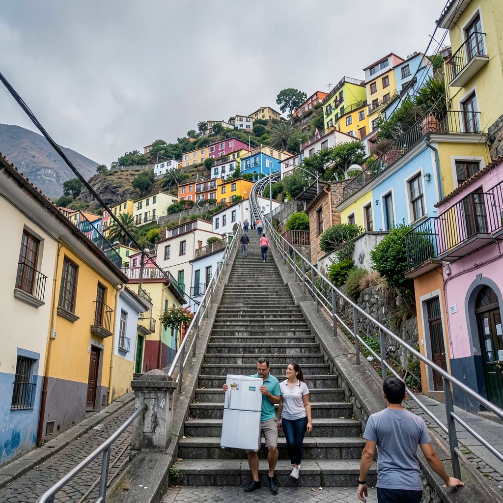 Valparaiso hillside color, painted houses climbing, Man carrying a refrigerator 