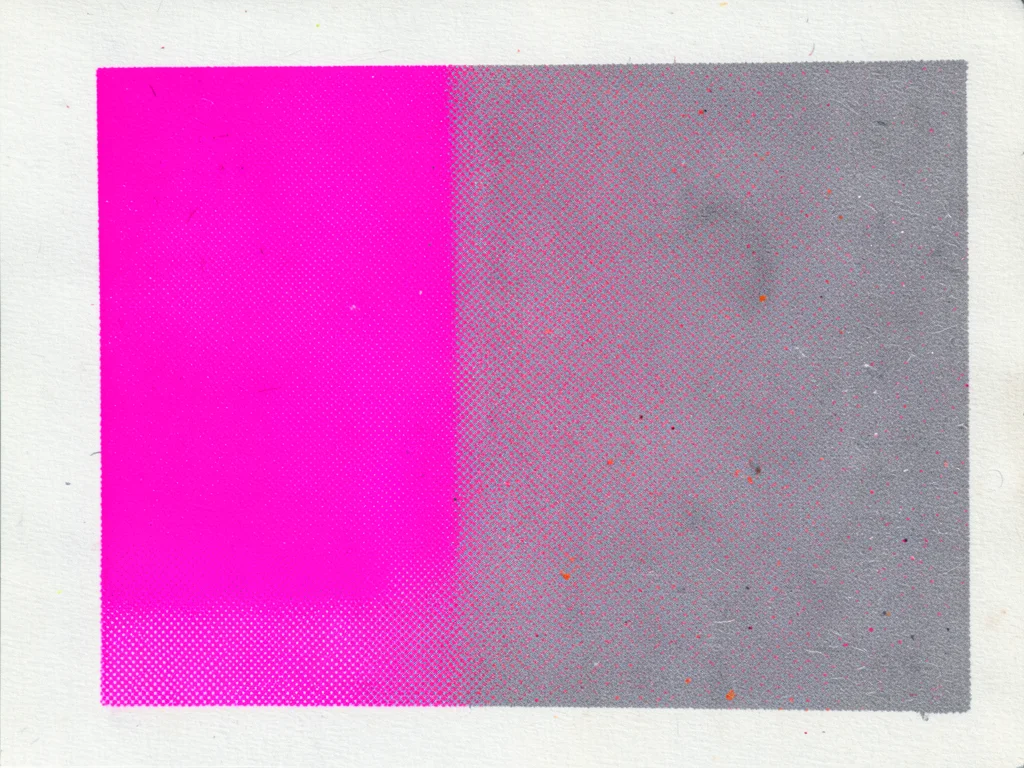 Fluorescent pink risograph gradient achieved through variable halftone dot densi