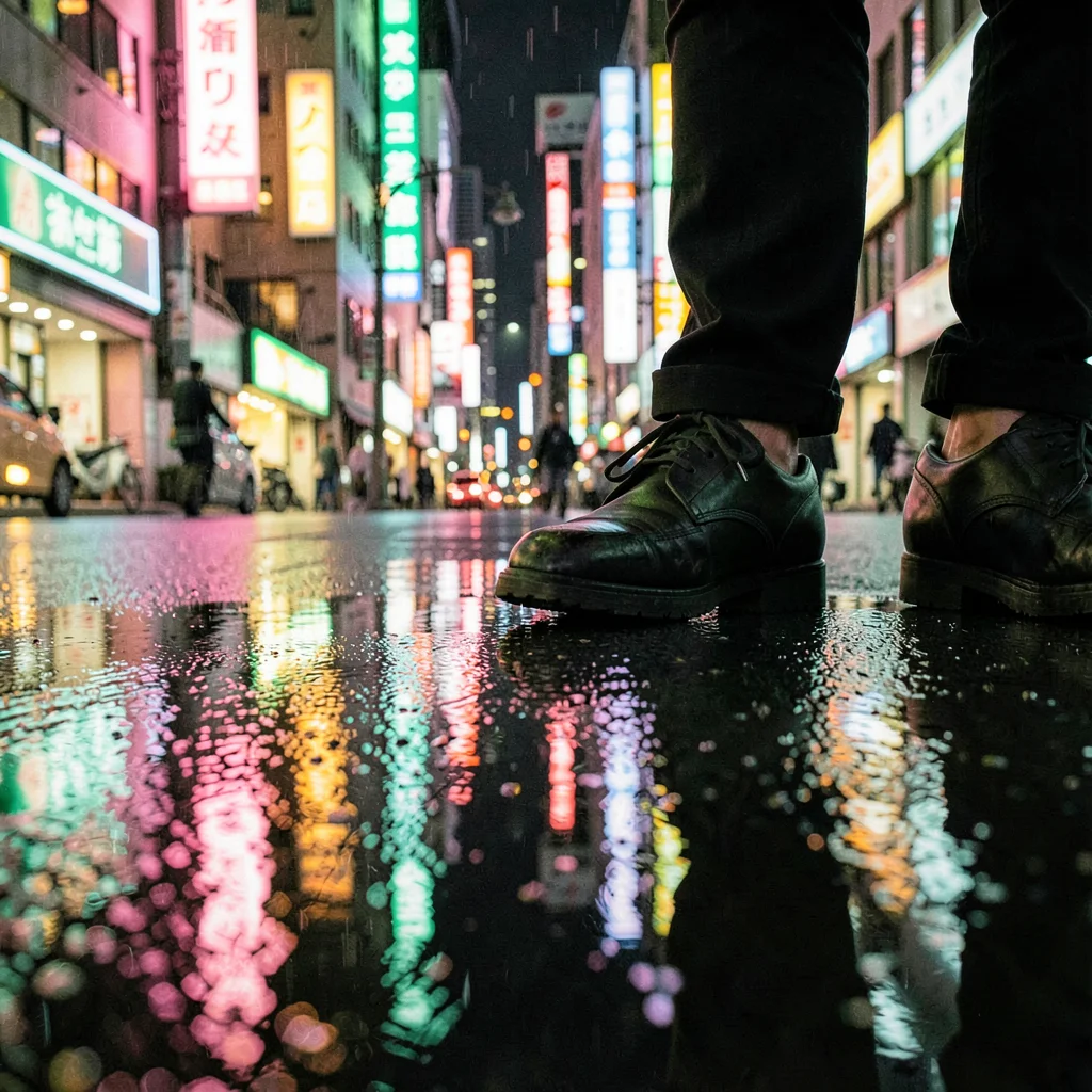 Close-up of wet pavement reflection at night — streaked neon pinks and greens, a