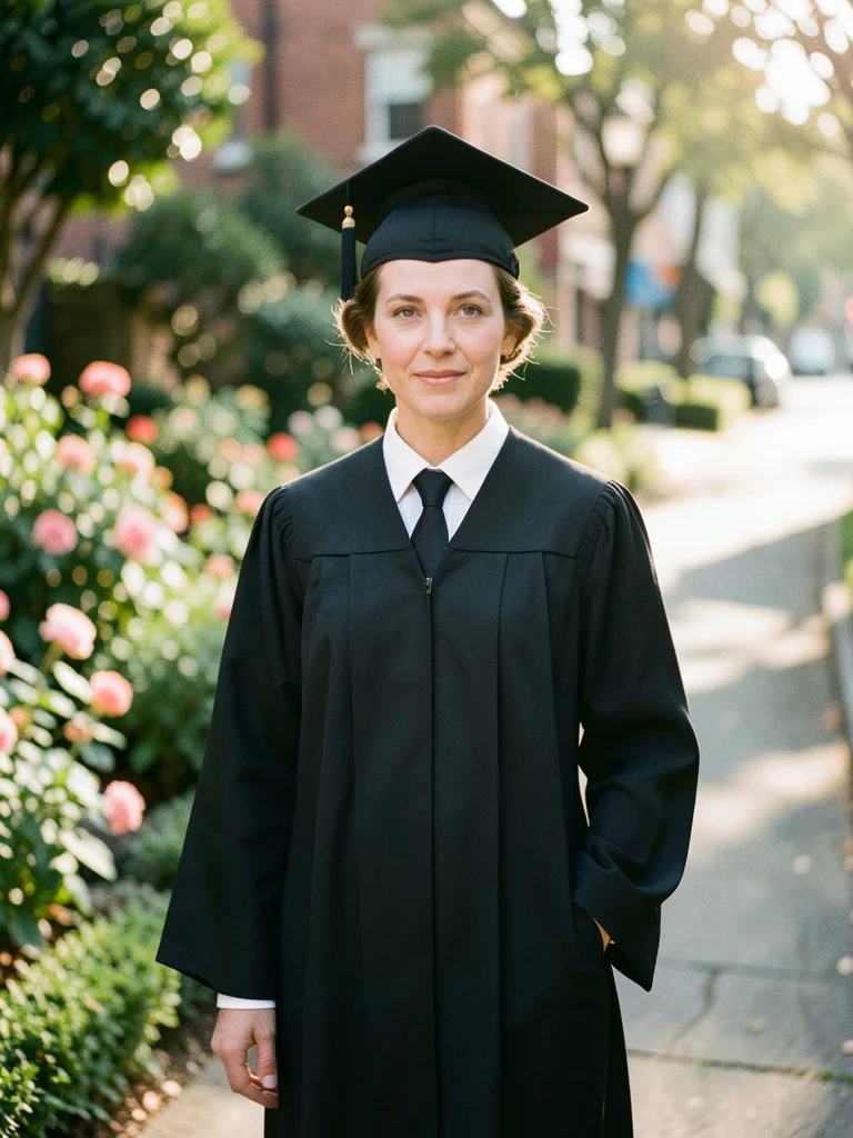 Graduate posed in garden with cap and gown, formal portrait, warm light