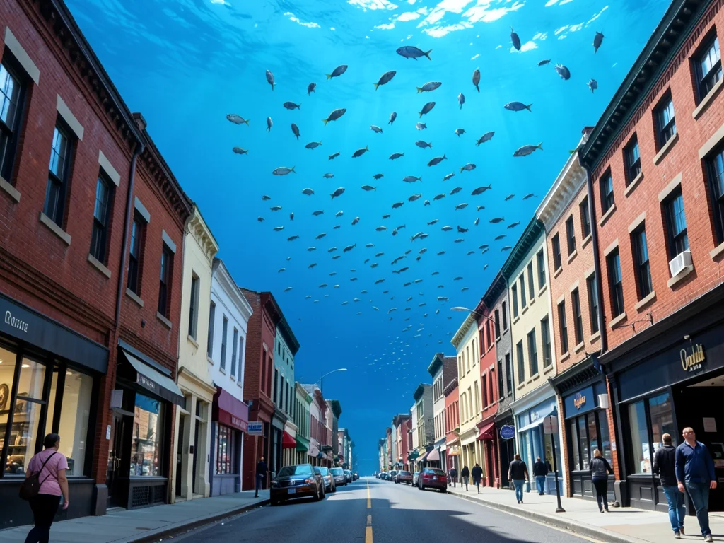 Street with normal buildings but sky is replaced with ocean, fish swimming above