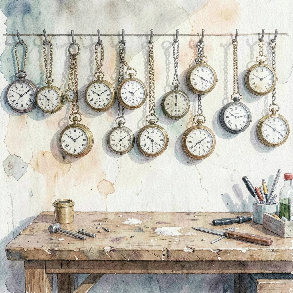 Vertical documentary of a wall of pocket watches hanging on hooks behind a workb