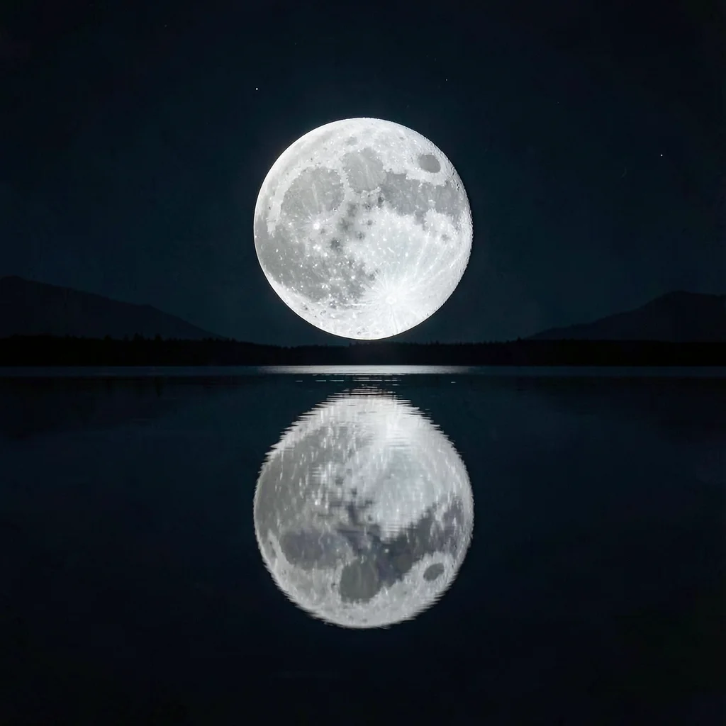 Moon reflected in still water, impossible to determine which is real, square per