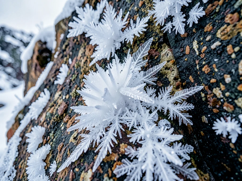 Rime ice formation on exposed rock face showing wind direction