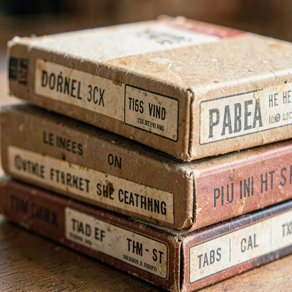 Paper-texture macro of a stack of vintage film boxes with faded labels, soft too