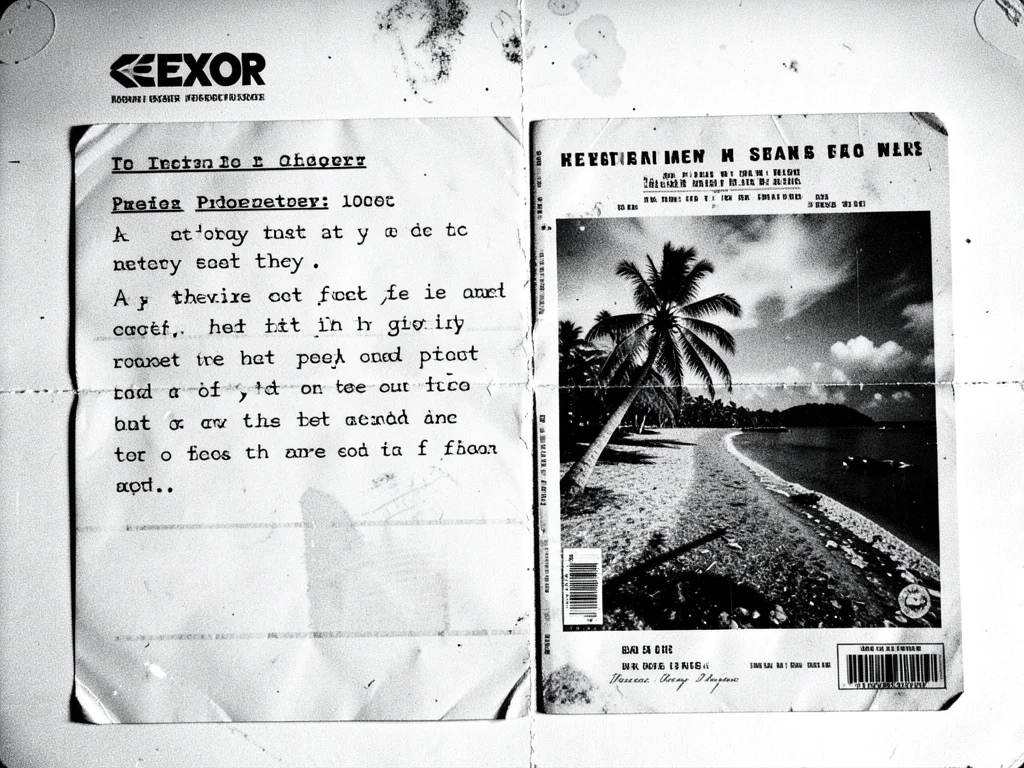 A typewritten memo copied and collaged with a magazine clipping of a tropical is