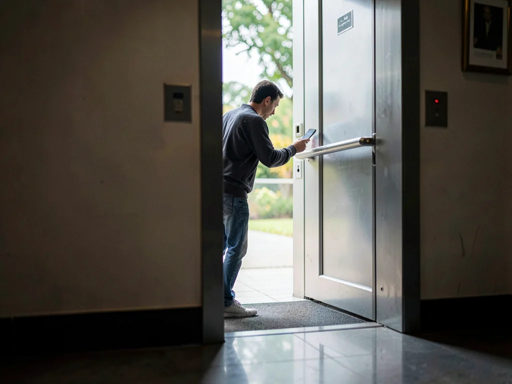 Person checking phone in elevator doorway, holding the door, the threshold betwe