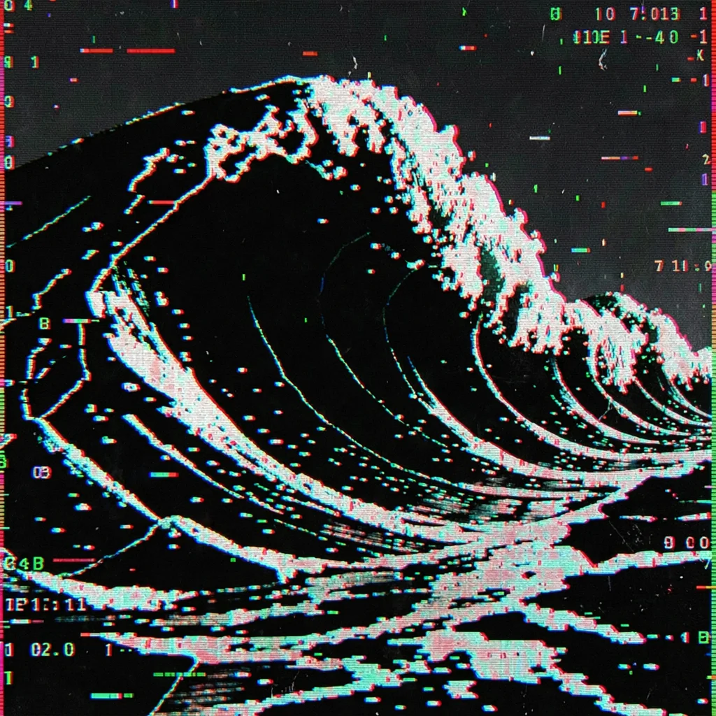 Glitch art illustration, ocean waves as broken data , digital corruption artifac