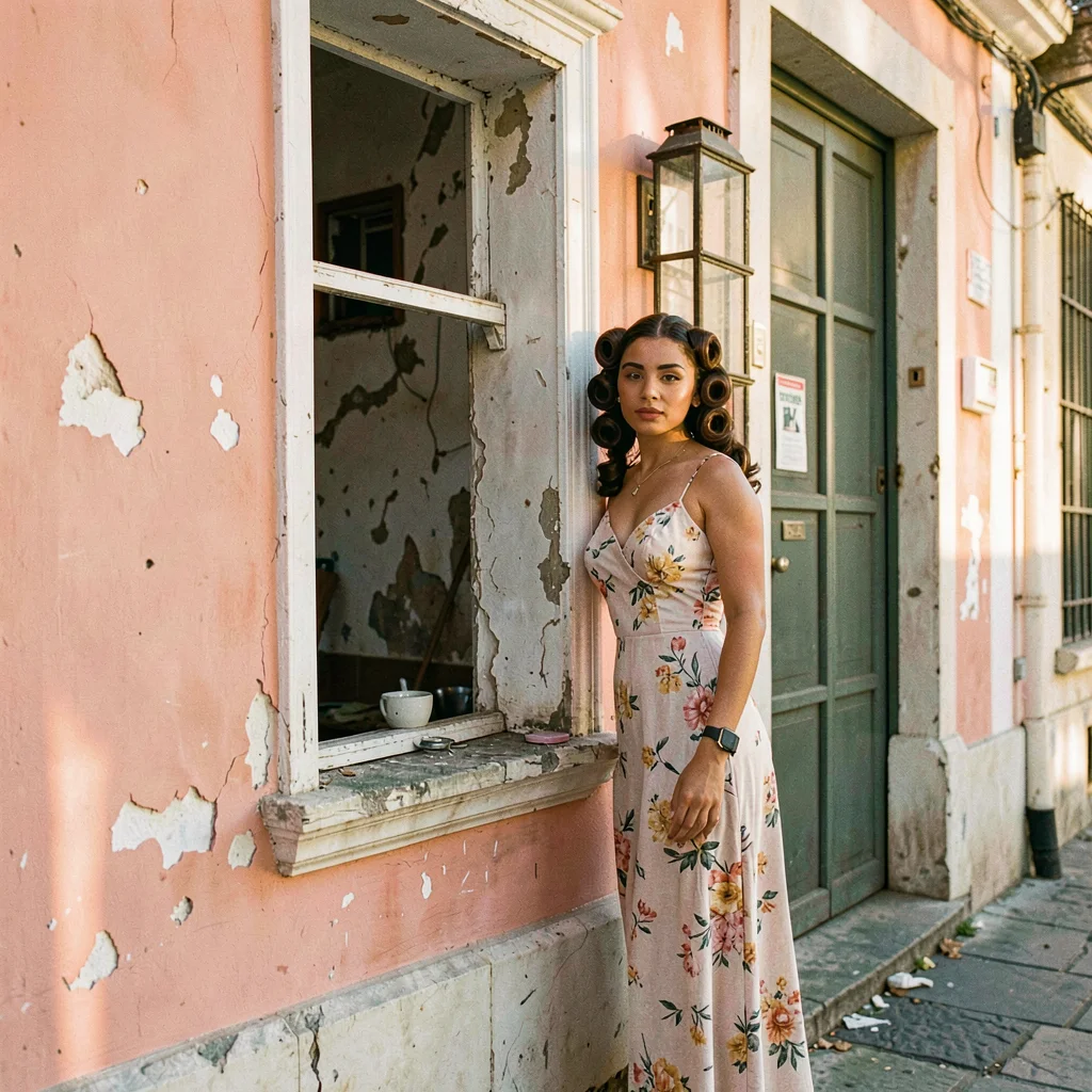 Faded pastel decay of Havana, Cuba, Woman at window with curlers, coral pink wal