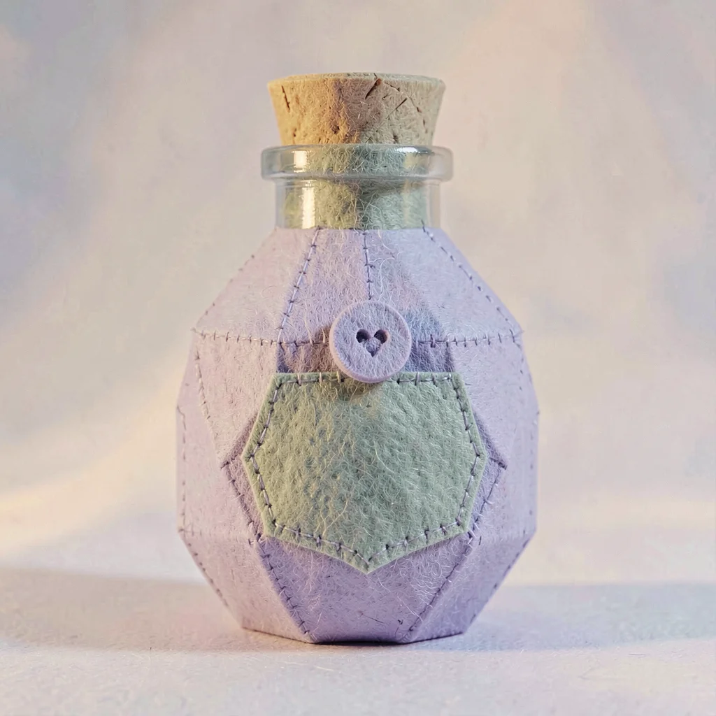 Bubbling lilac felt lowpoly potion bottle with a sage cork and a heart-button la